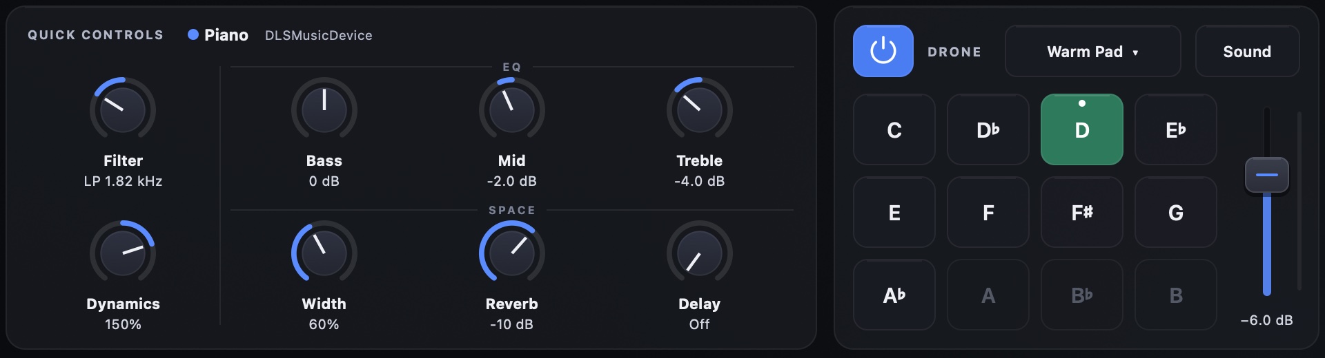 Keyloft's quick controls (Filter, Bass, Mid, Treble, Dynamics, Width, Reverb, Delay) next to the drone, with a key picked out for each note from C to B.
